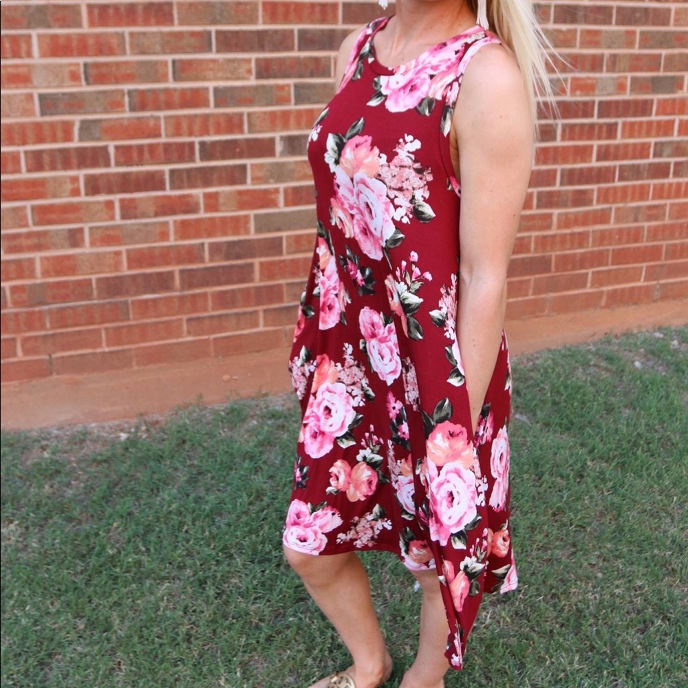 Floral Ruby Red Spring T-shirt Tank Dress